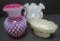 Cranberry hobnail pitcher, coin dot vase and Northwood custard glass dish