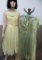 Three 1940's dresses, satin and sheers, yellow/green hues