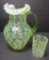 Vasoline glass pitcher and tumbler, Spanish lace, opalescent