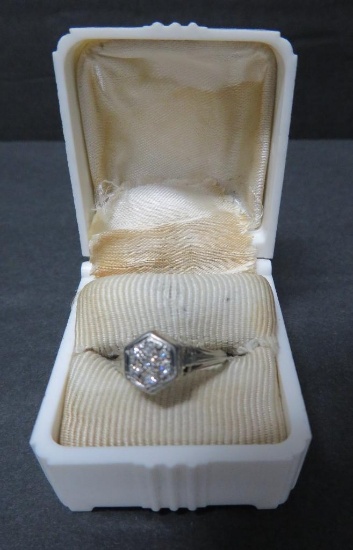 Art Deco diamond ring, reticulated setting, several inset diamond chips, size 5