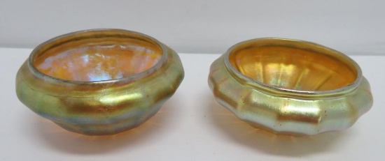 Two Aurene art glass salts, Tiffany Steuben style, 2", unmarked