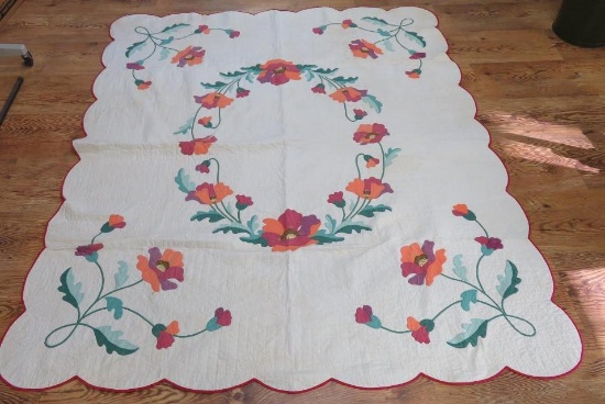 Vintage applique quilt, floral, 75" x 87"