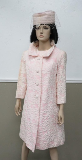 Pink and white brocade jacket and dress, with hat and blusher, 15" across shoulders