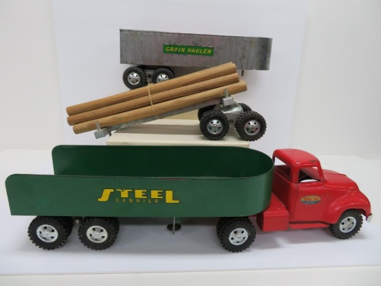 Four piece pressed steel Tonka hauler set, Grain hauler, log hauler, cab and Steel carrier, 34"
