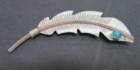 Sterling silver feather pin, turquoise bead, 3 1/2"