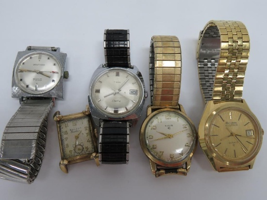 Five vintage men's wrist watches, Bulova, Waltham, Elgin