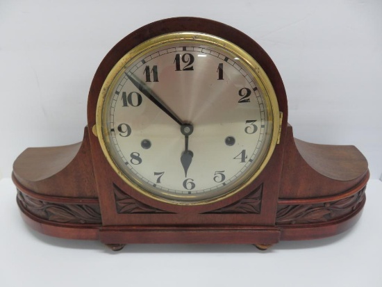 German Mahogany mantle clock, vine and berry carving, 23" long and 11 1/2" tall