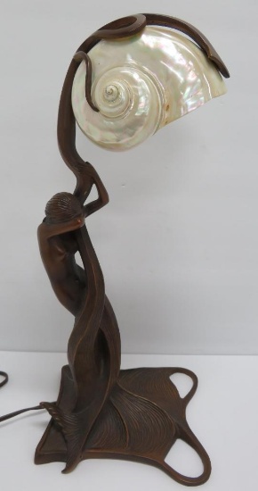 Exquisite bronze mermaid table lamp with shell shade, 16 1/2" working