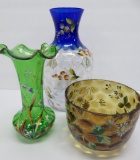 Three pieces of hand enameled glass
