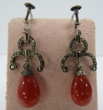 Carnelian and marcasite drop earrings, 1 1/2