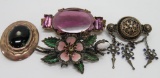 Four lovely vintage pins, enamel, seed pearl and amethyst glass, 1 1/2