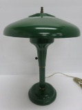 Industrial metal shade table lamp, green, working, 15 1/2