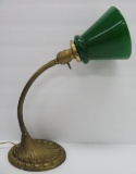Aladdin desk lamp with green case glass shade, 17