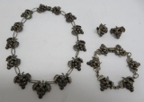 Silver grape cluster parure set, necklace,bracelet and earrings