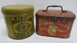 Two vintage Tobacco tins, Central Union Cut Plug lunch box style and round Eight Brothers