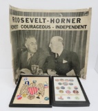 Roosevelt political lot, poster and pin backs