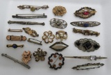 About 23 vintage bar and scatter pins, gold tone and inset stones, 1
