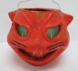 Vintage Paper Mache Halloween cat jack o lantern, paper face, 5 1/2