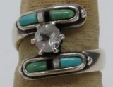 Native American ring, CZ solitaire with inlay stones, size 6 1/2, marked 