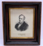 James Fennimore Cooper autograph, stamp block and engraving framed, 12