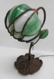 Art Noveau style Leaded glass and bronze clad metal table lamp.water lily, 13
