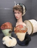 Four vintage feather hats, c 1930's, vintage hat box