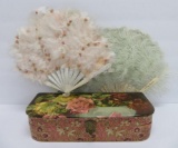 Two vintage feather fans and lovely dresser box