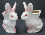 Two rabbit paper mache candy container, standing with baskets on back, 7