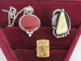 Two rings and pendant, foot ring with etched skunk on stone, Dendrite ring & carnelian type pendant