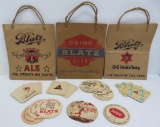 Vintage Blatz advertising 19 assorted coasters and three paper bags