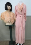 Feather jacket and feather trimmed dress, pink peach tones