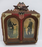 Outstanding Folk Art Patriotic frame, tramp art, Lincoln and Washington colored prints