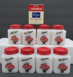8 Vintage milk glass spice jars and Cinnamon tin