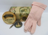 Vanity lot, portrait celluloid box, pocket mirror, button hook, gloves and advertising