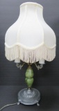 Green Onyx table lamp with fringed shade, working, 26
