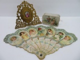 Vanity lot, 1899 Seven day calendar fan, candy box and metal vanity frame
