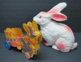 Two vintage Easter candy containers, Standing Rabbit and Fibbo Toy rabbit with wagon