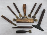 Vintage printer tools, brass and wood, nine pieces