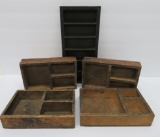 Five vintage divided small wooden boxes, four are 8