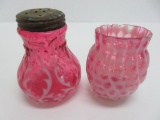 Vintage Cranberry glass, Windows Opalescent toothpick holder and Spanish lace shaker