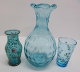 Blue colored pattern glass lot, coin dot vase, and two enameled pieces