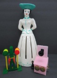 Vintage Ceramic napkin lady candle holder, c 1940 and two novelty plastic salt and pepper shakers