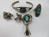 Native American turquoise jewelry lot, bracelet, earrings, ring and slide