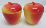 Two glass apple jars, fired on color over milk glass, 4