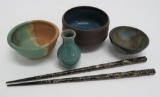 Small pottery bowls, vase and hair sticks, 2 1/2