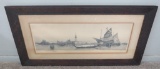 Framed EC Jost etching, heavy fumed oak frame, 23 1/2