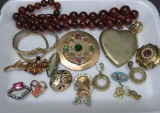 Vintage Costume jewelry, pins, earrings, large locket,bracelets and beaded necklace