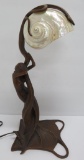 Exquisite bronze mermaid table lamp with shell shade, 16 1/2