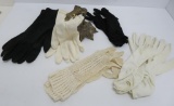 Five pair of vintage gloves and metal glove holder, black and white