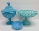 Three pieces of blue milk glass, comport, covered pedestal candy and round dish